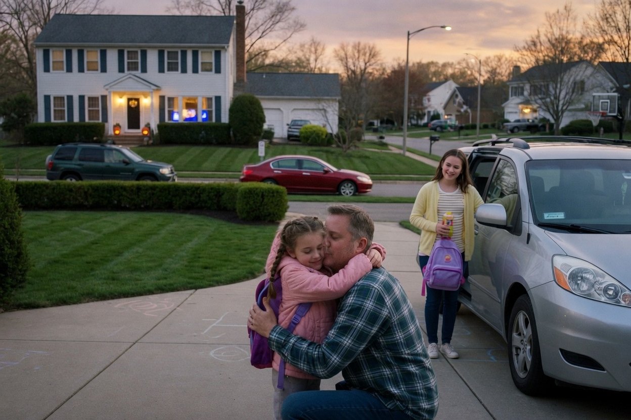 A dad kneels in the driveway at dusk to hug his daughter goodbye while her mom waits by the car with her backpack