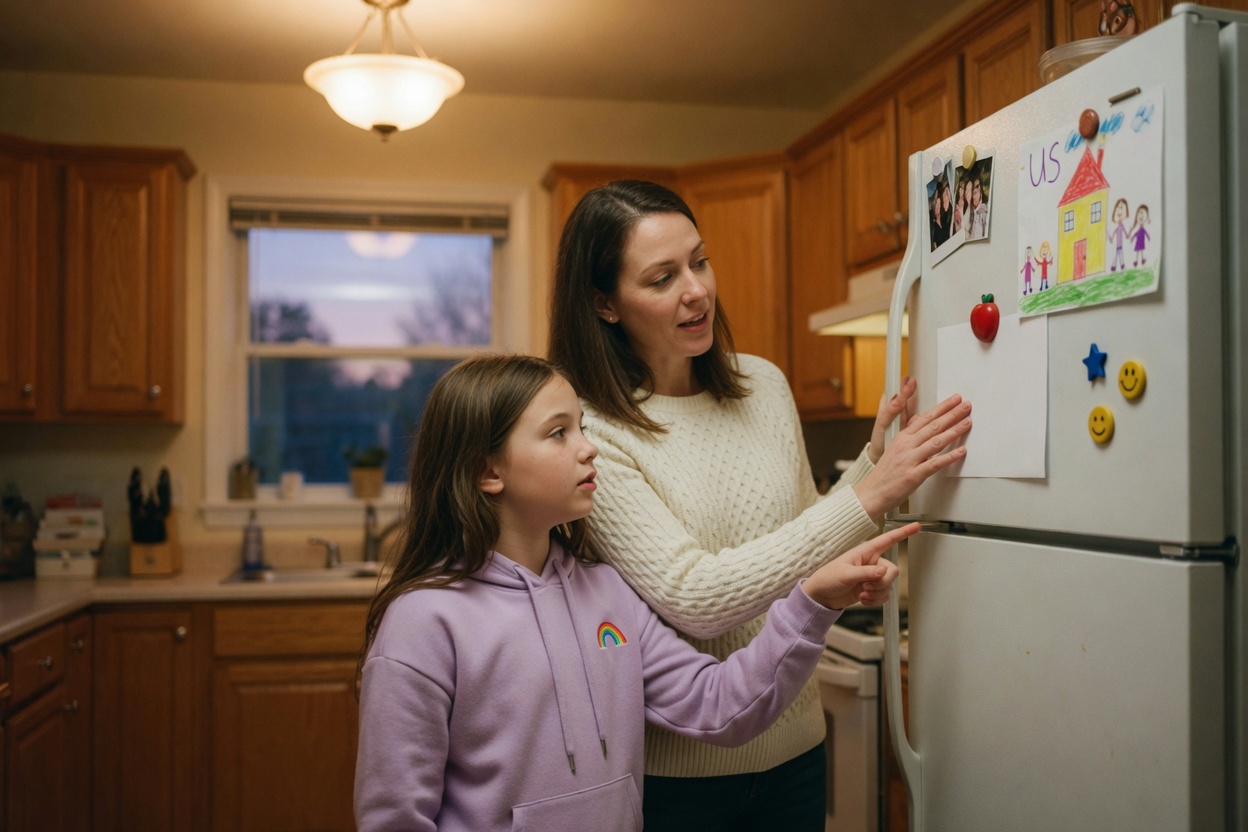 A mom pins the new custody schedule to the fridge as her daughter points at it with a question