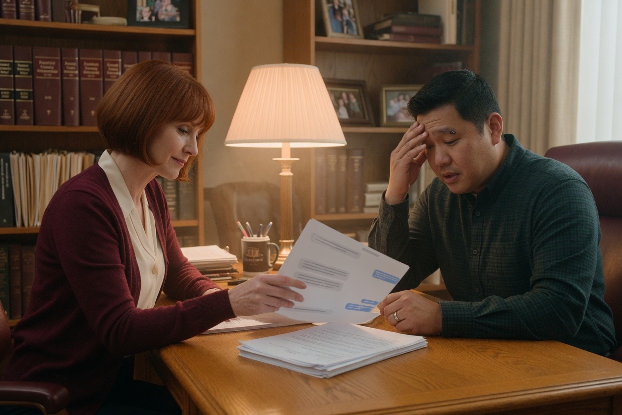 A family lawyer hands a father printed text messages as he holds his head in his hand