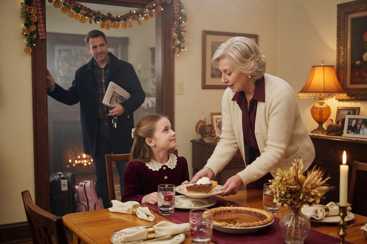 A grandmother serves her granddaughter pie at Thanksgiving while her dad waits in the doorway in his coat to drive her to her mom's