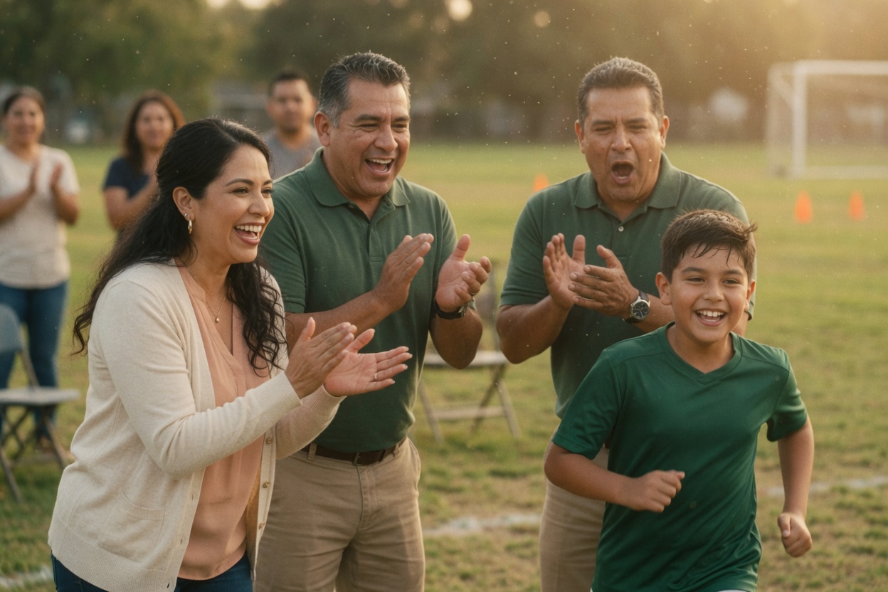 Separated parents clap and smile on the soccer sideline as their son runs back grinning after a goal