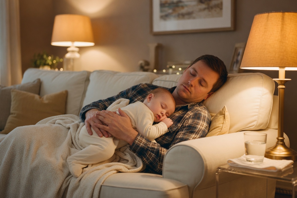 A young father sleeps on the couch in lamplight with his baby asleep on his chest