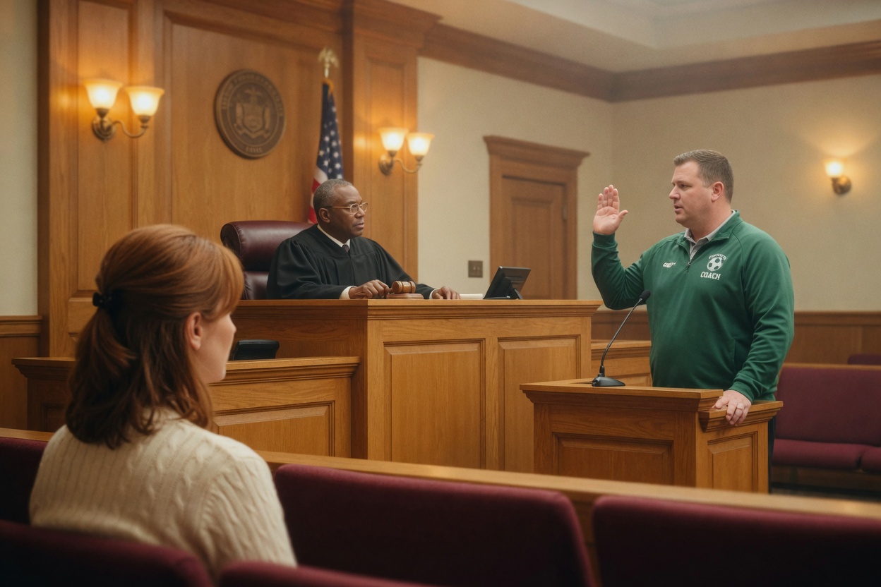 A youth soccer coach in his team jacket takes the oath beside the judge as a mother watches from the gallery