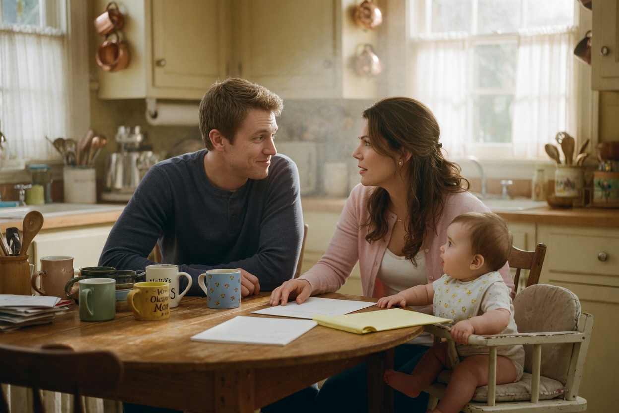 A young unmarried couple talks over papers at the kitchen table with their baby in a high chair