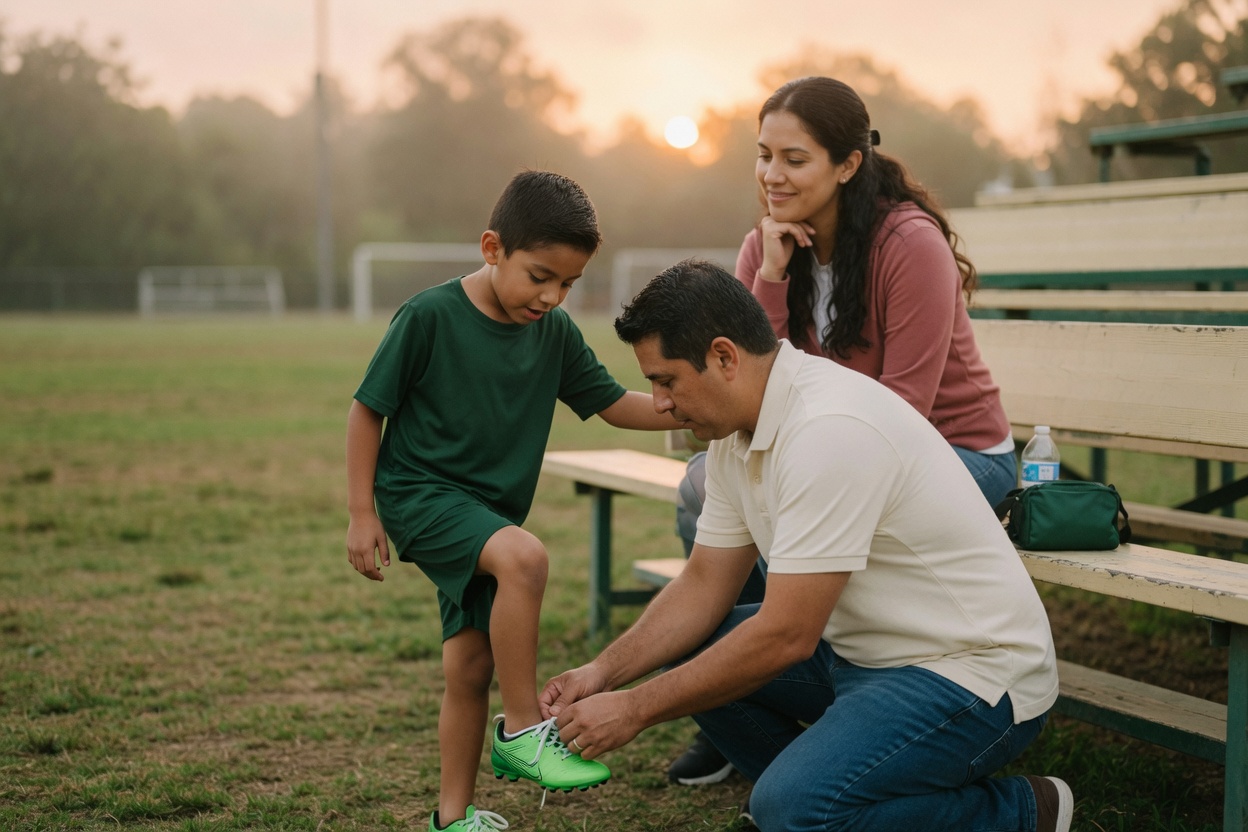 A stepdad kneels to tie his stepson's soccer cleats as the boy's mother watches from the bleachers