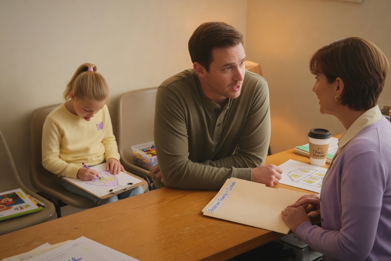A father talks with a caseworker at the child support office counter while his daughter colors nearby