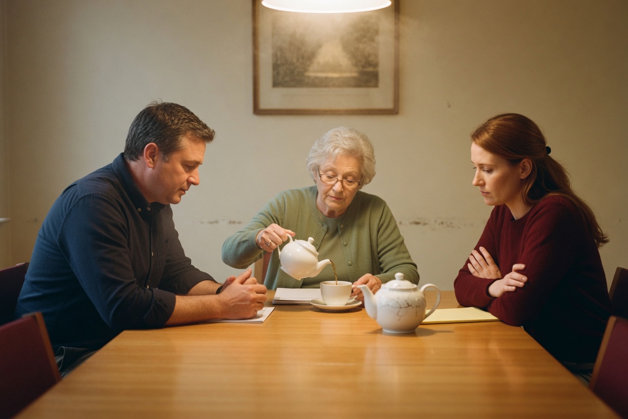 A grandmotherly mediator calmly pours tea for two tense parents at a conference table