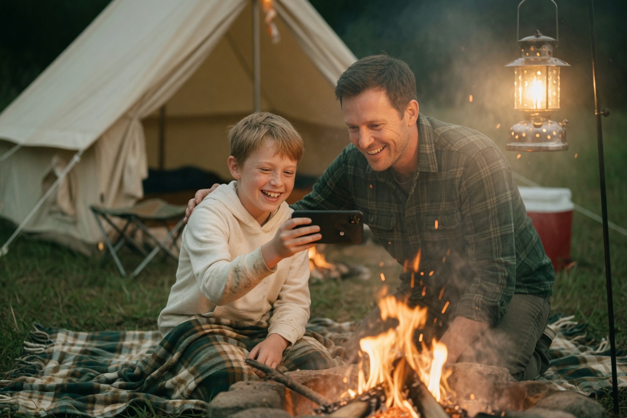A boy and his dad at a campsite look at a video call on the phone by the campfire
