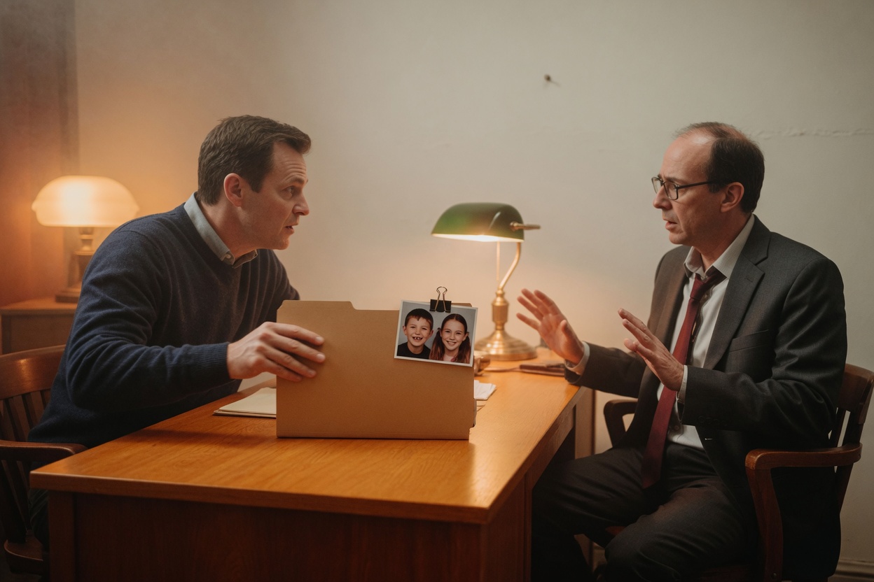 A father confronts a lawyer across the desk, his case file open to a photo of his children