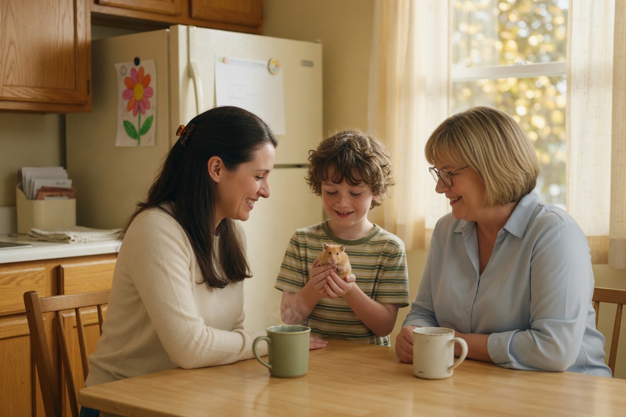 A social worker smiles at the kitchen table as a boy shows her his hamster, his mother beside him