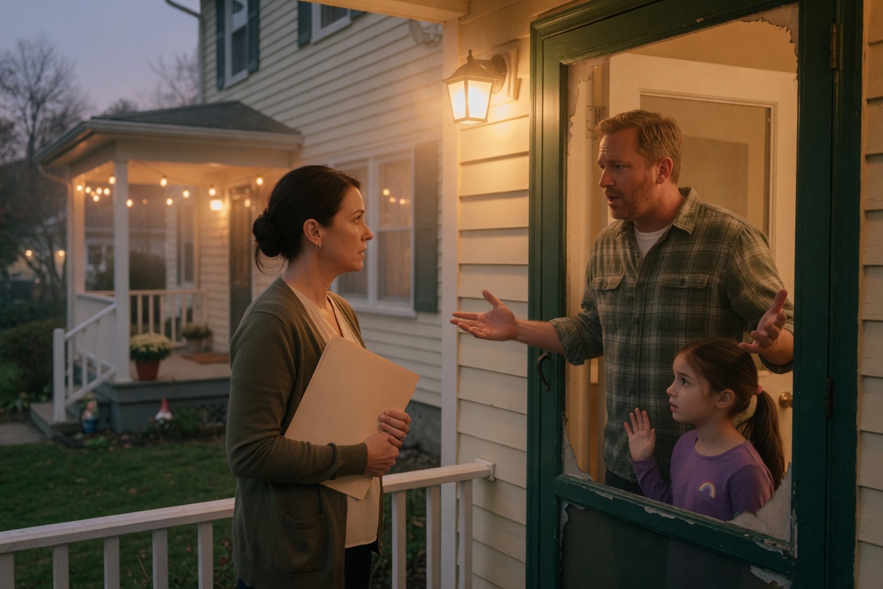 A social worker with a folder stands on the porch as a father argues from the doorway, his daughter peeking out behind him