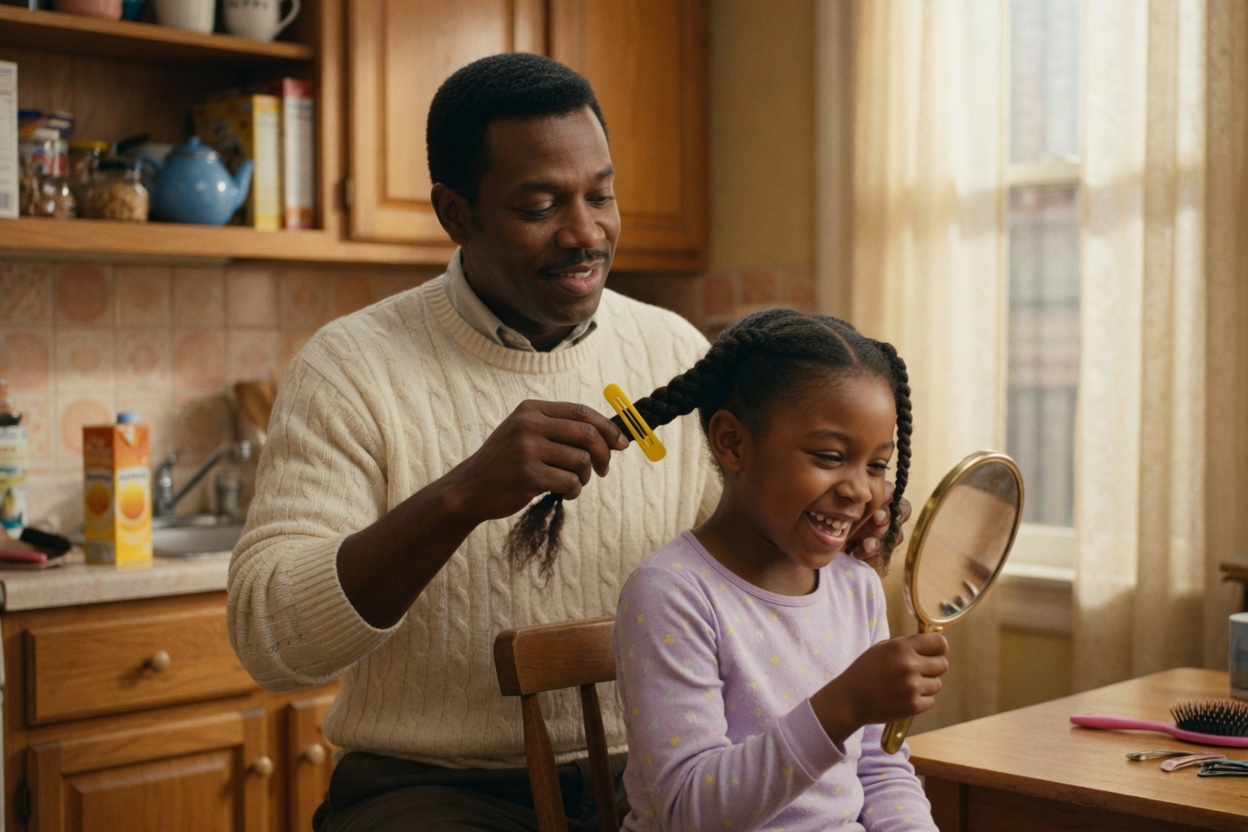A father braids his daughter's hair in the kitchen before school as she watches in a hand mirror