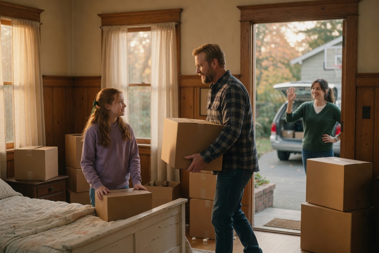 A father carries boxes into his daughter's new room as her mother waves from the driveway