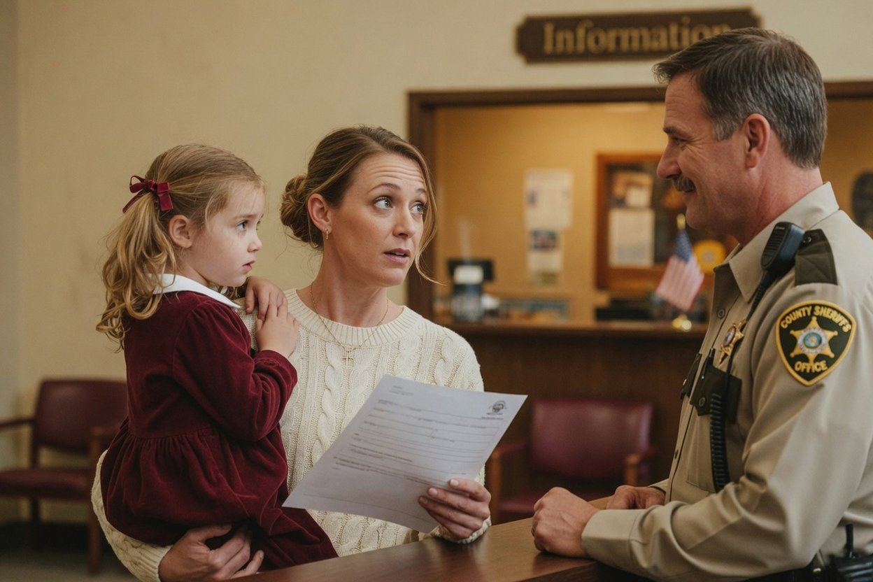 A mother holding her young daughter speaks with a sheriff's deputy at the courthouse desk, papers in hand