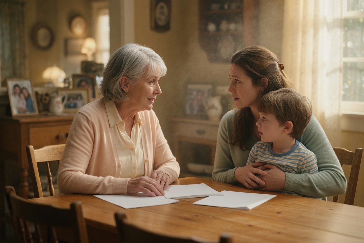 A grandmother goes over benefits paperwork at the kitchen table with her adult daughter and grandson