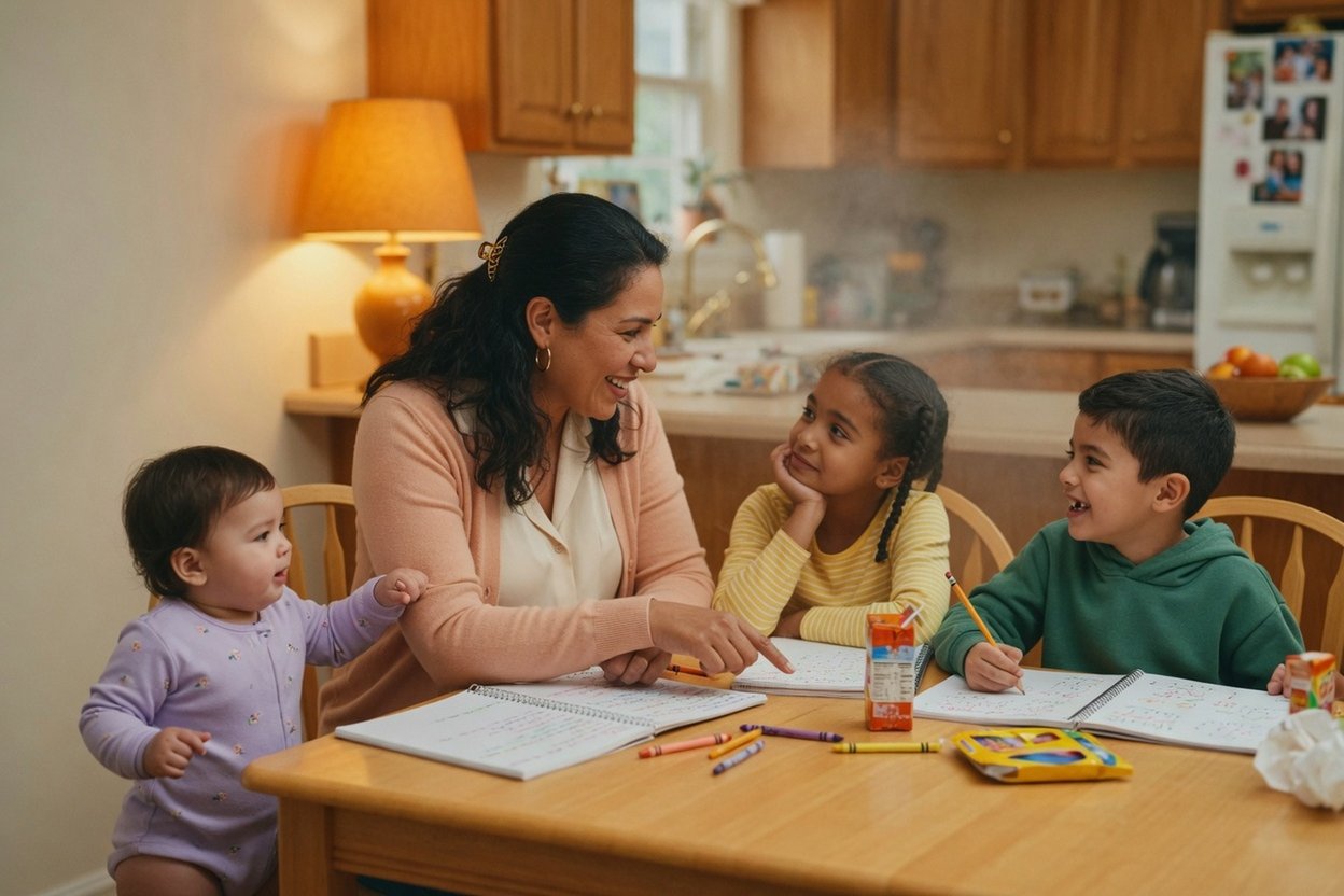 A mom helps two kids with homework at the kitchen table while the baby reaches for her