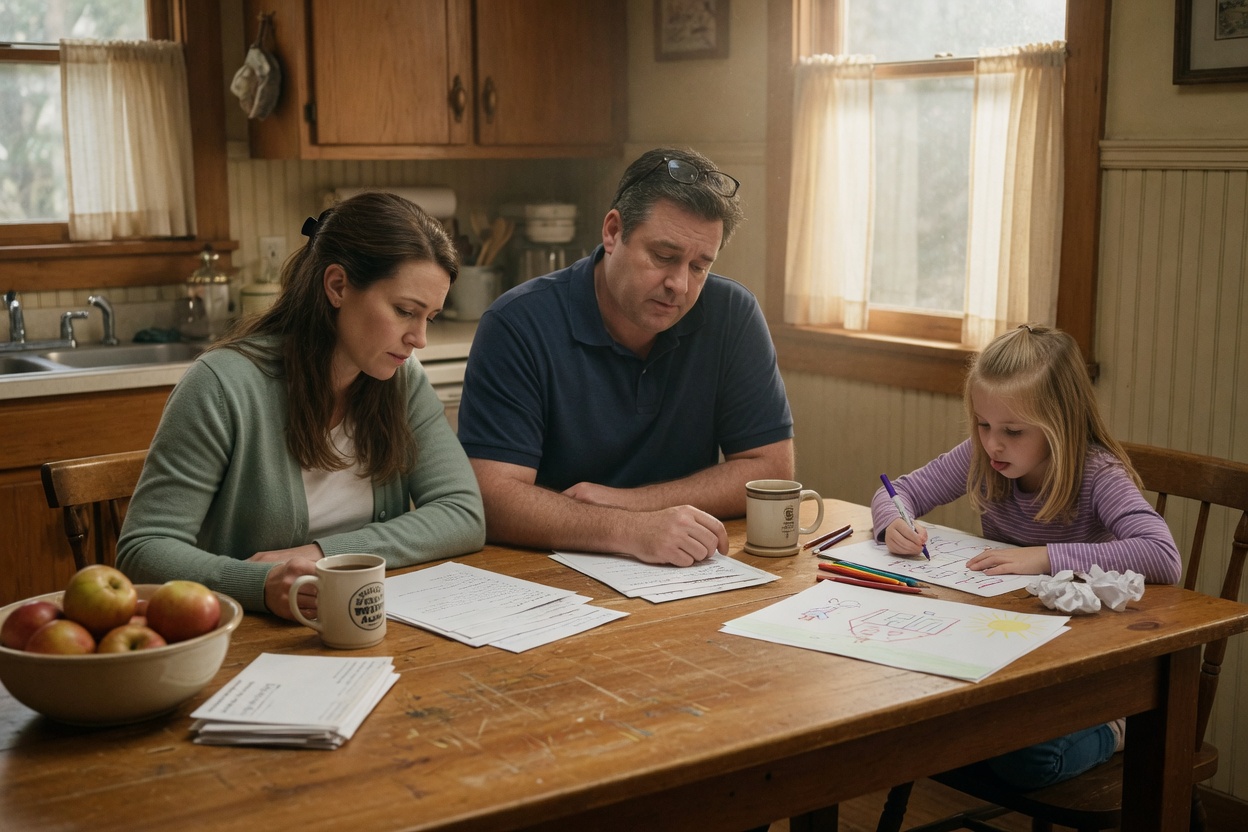 Separated parents work through a parenting plan at the kitchen table while their daughter draws beside them