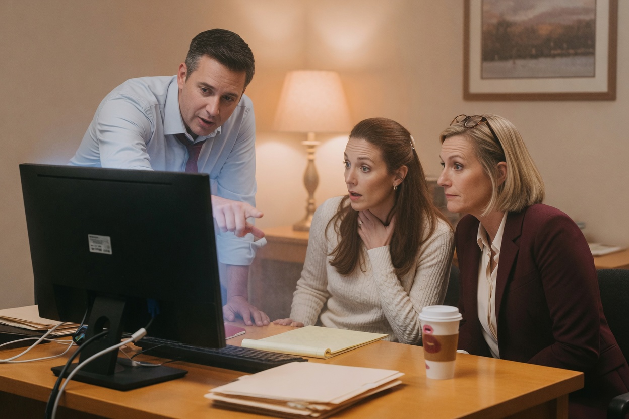 A forensic accountant points out figures on a monitor to a mother and her lawyer