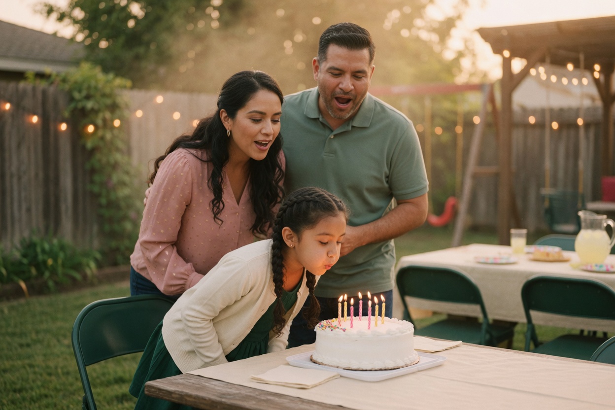 Divorced parents stand together behind the cake as their daughter blows out her birthday candles in the backyard