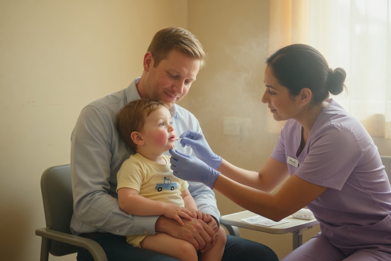A nurse swabs a toddler's cheek for a DNA test as he sits on his father's lap