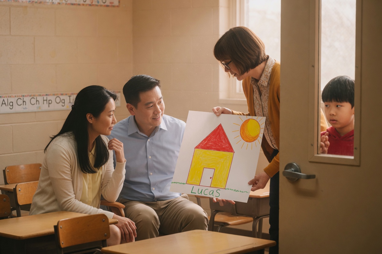A teacher shows both parents their son's work at a parent-teacher conference as he peeks in the door