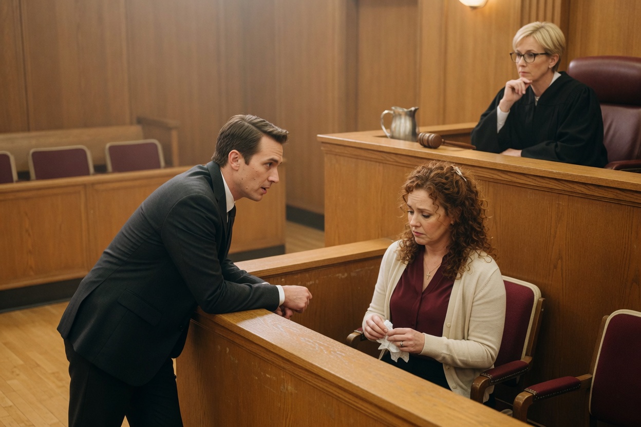 A lawyer leans on the witness box to question a woman on the stand as the judge listens