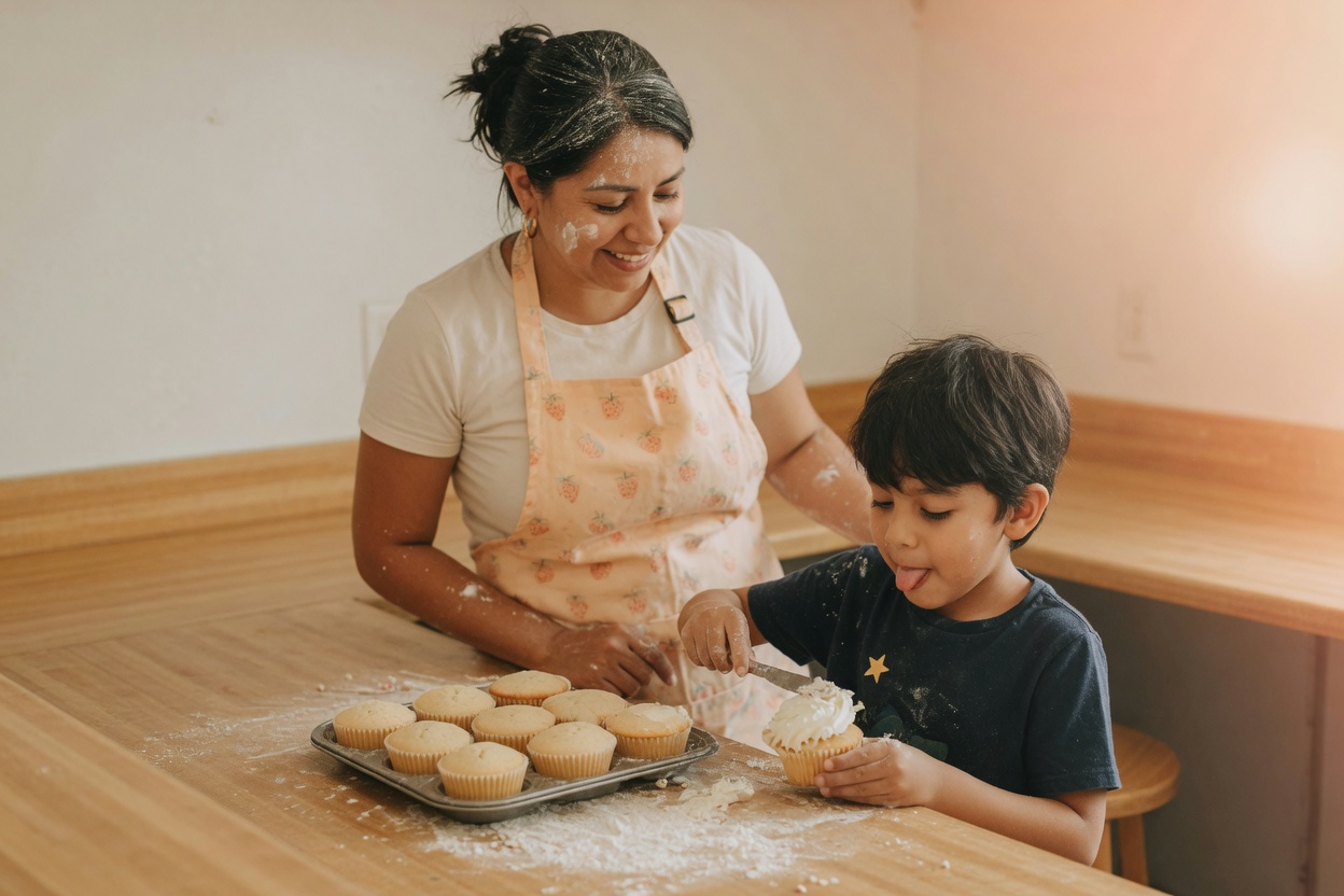 A mother who owns a bakery works with her son behind the counter after school