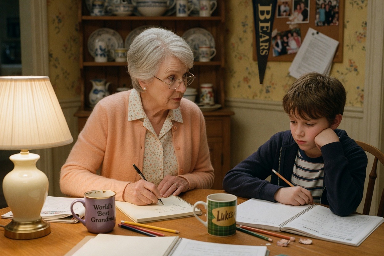 A grandmother writes her witness statement at the dining table as her grandson does homework beside her