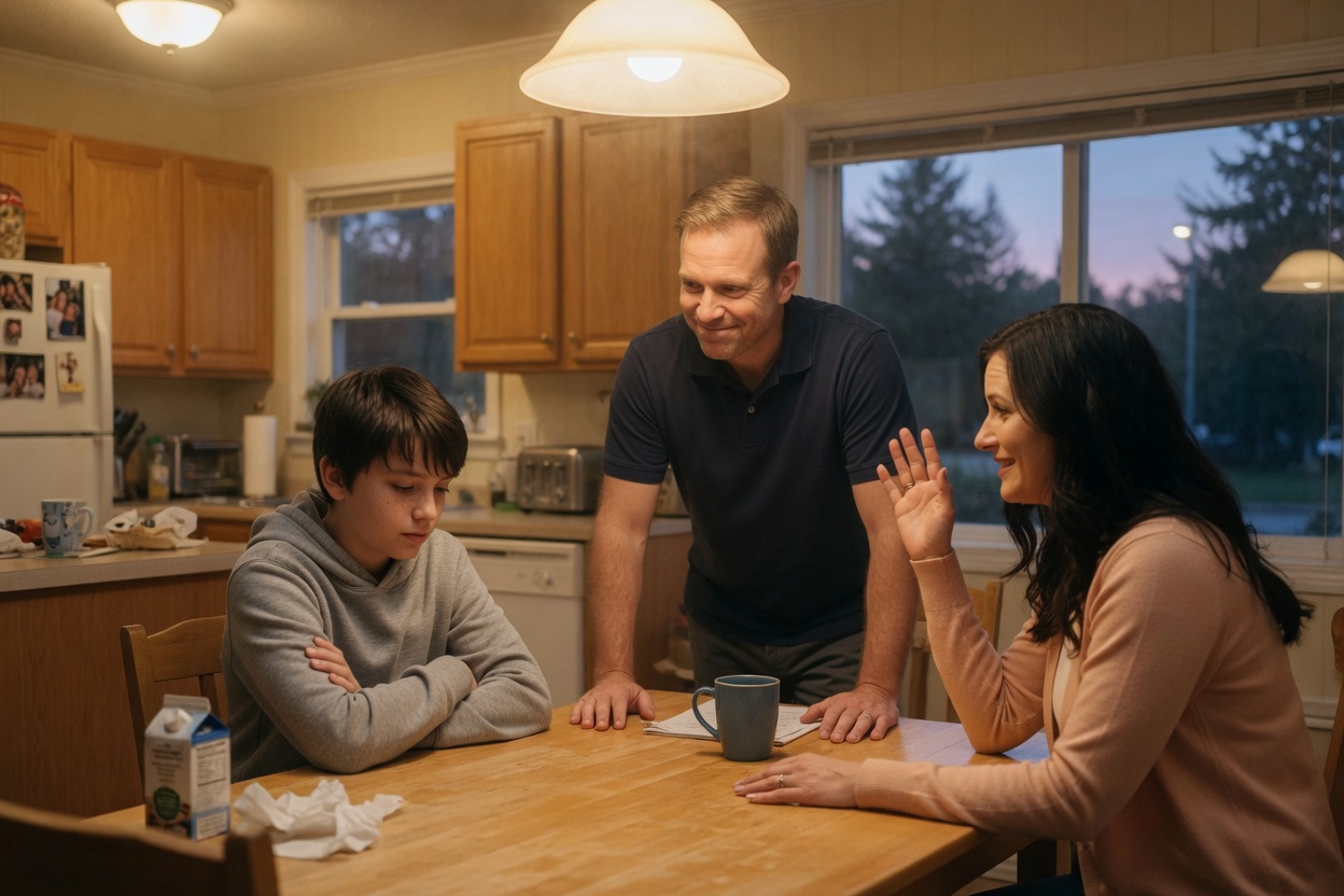 A dad introduces his new girlfriend to his son, who sits at the kitchen table with his arms crossed as she gives a nervous wave