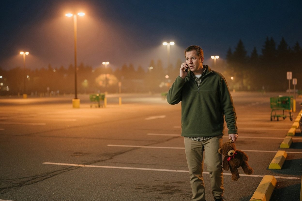 A father waits alone in an empty parking lot at night, phone to his ear, holding his son's stuffed bear