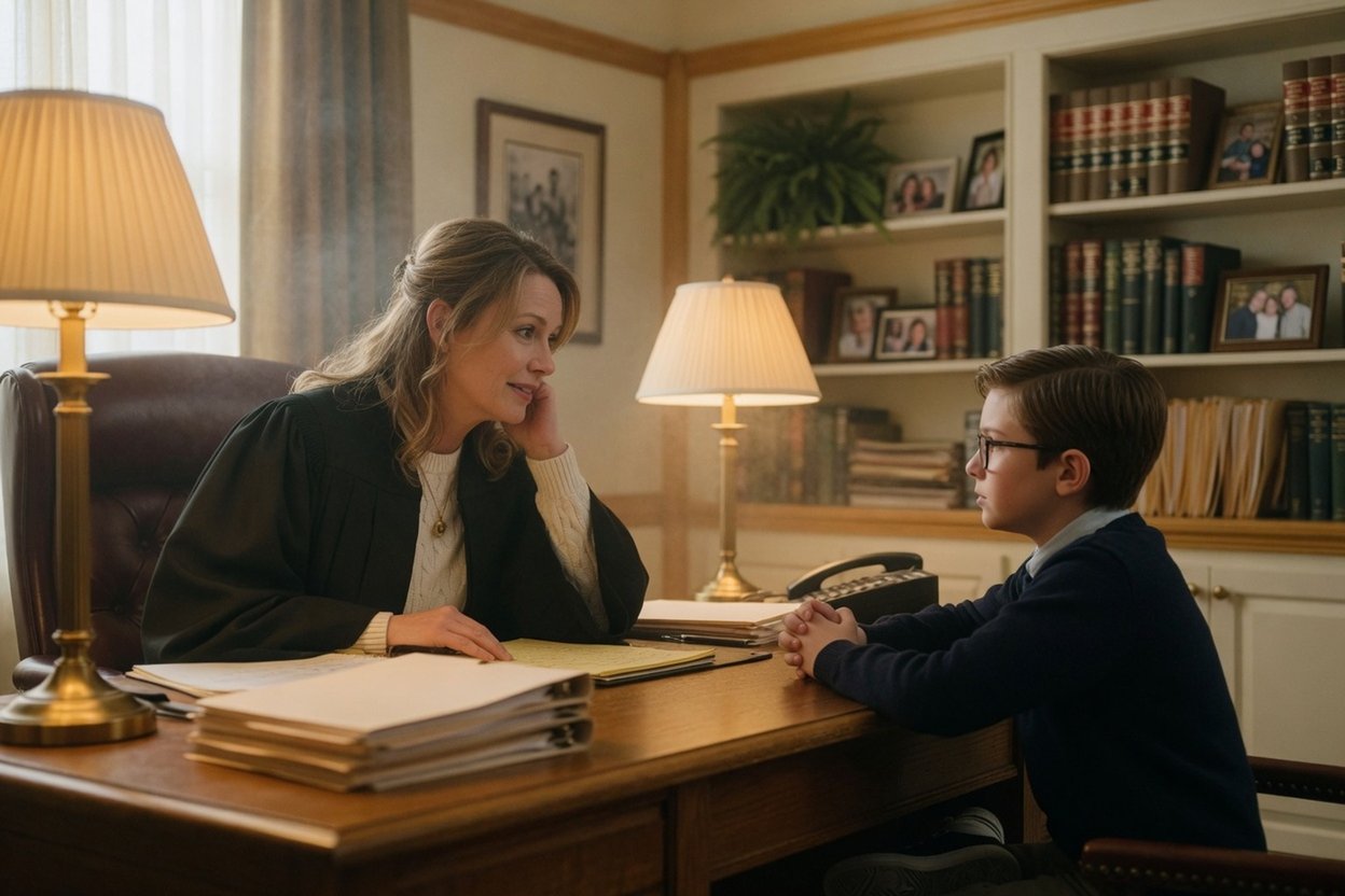 A judge in her chambers listens closely to a boy sitting across the desk from her