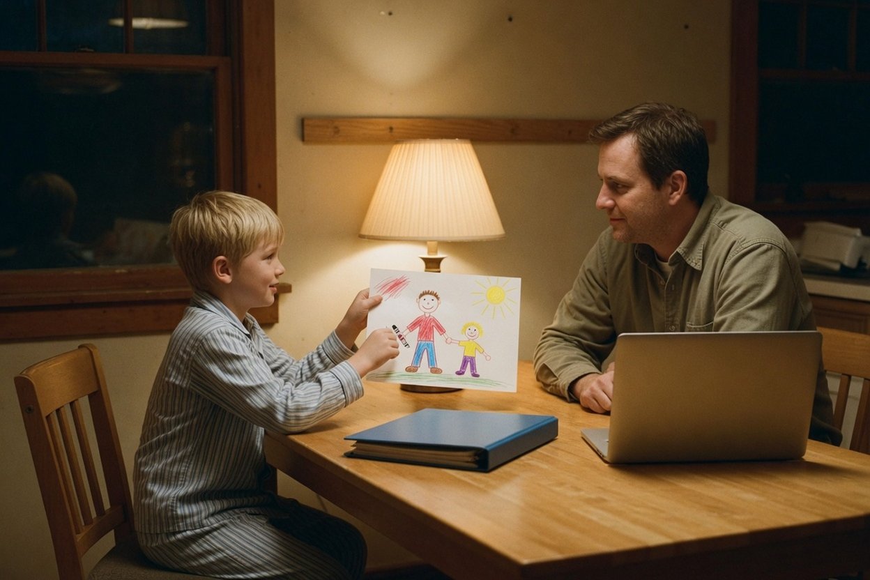 A father works on his case at the kitchen table at night as his son shows him a drawing of the two of them