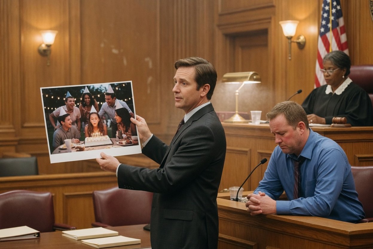 A lawyer holds up a party photo in court as the father at the stand looks down