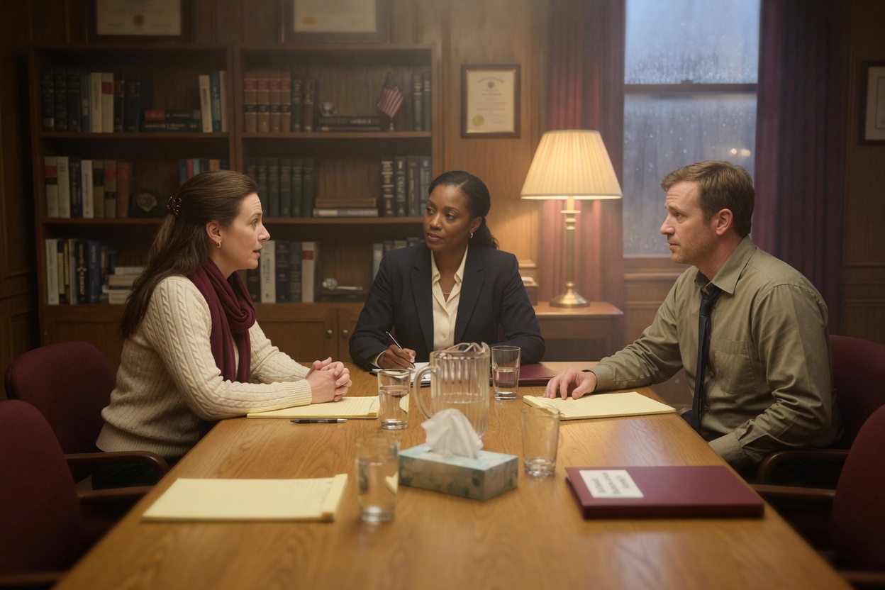 Separated parents sit across a wide conference table from each other as a mediator at the head of the table guides the talk