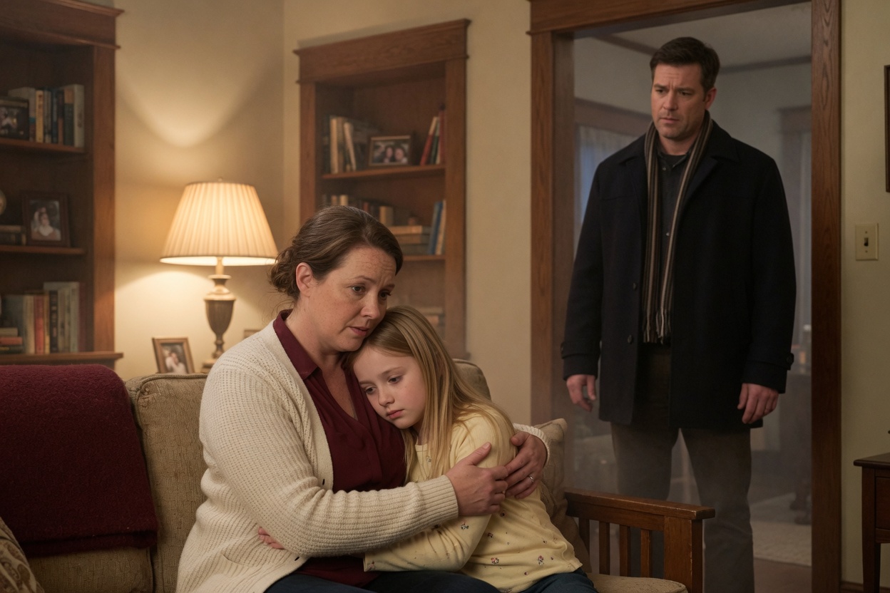 A mother holds her grieving daughter on the couch as the girl's father, just arrived, watches from the doorway in his coat