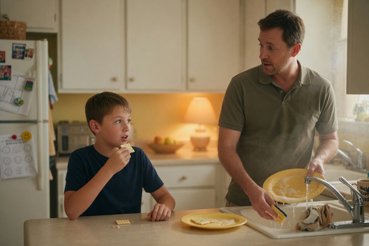 A boy talks over an after-school snack while his dad stops washing dishes to listen