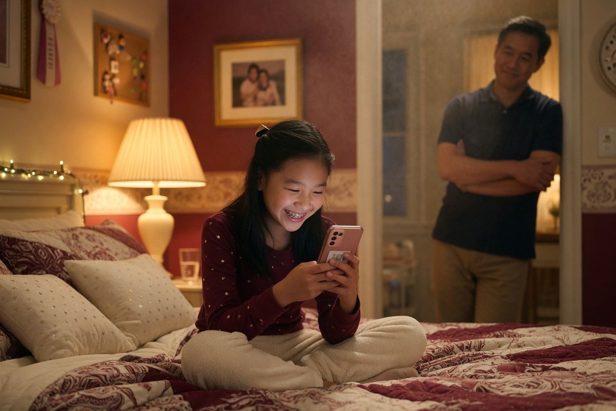 A girl on her bed grins at a video call with her mom while her dad watches from the doorway