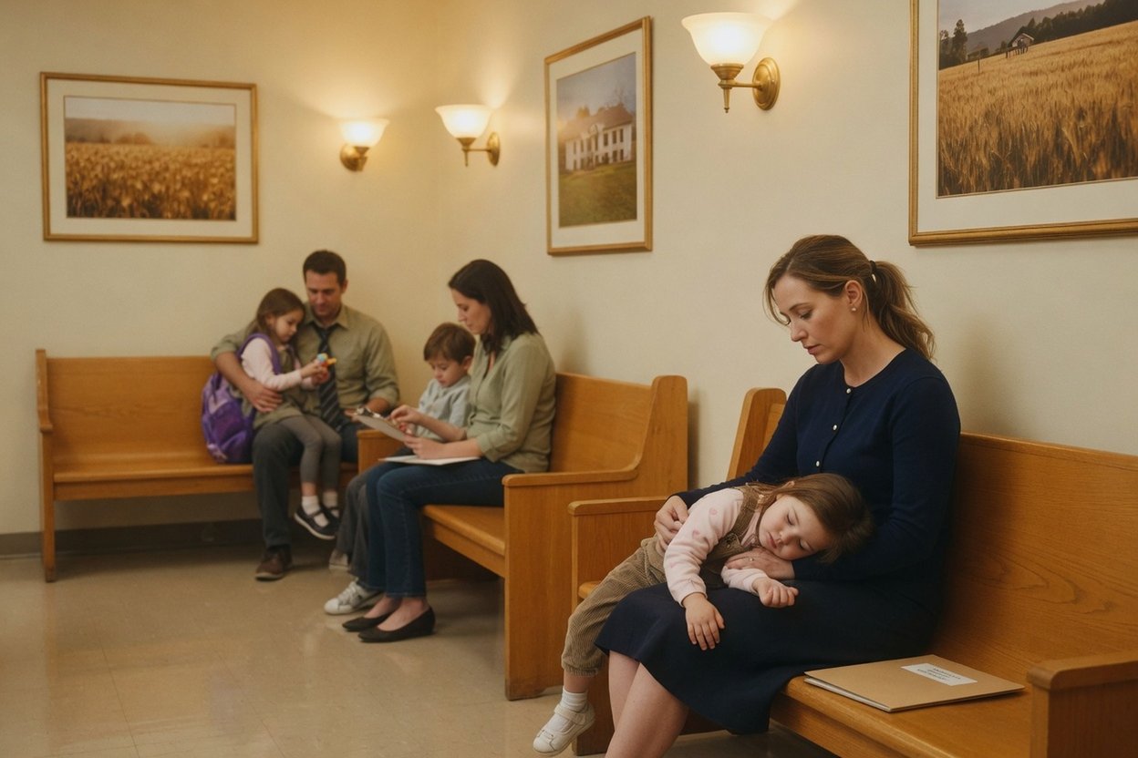 A tired mother waits on a courthouse bench with her toddler asleep on her lap while other families wait nearby