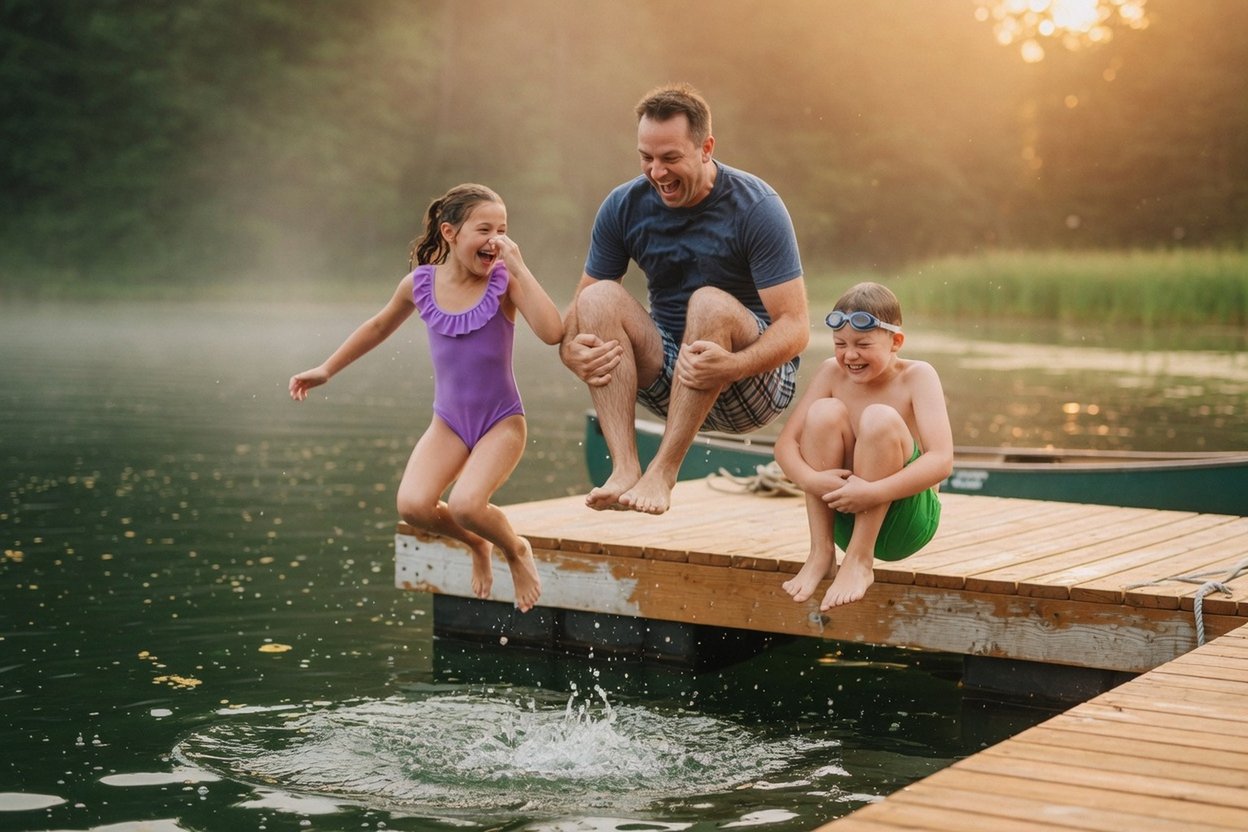 A dad and his kids jump off a dock into the lake on a summer evening