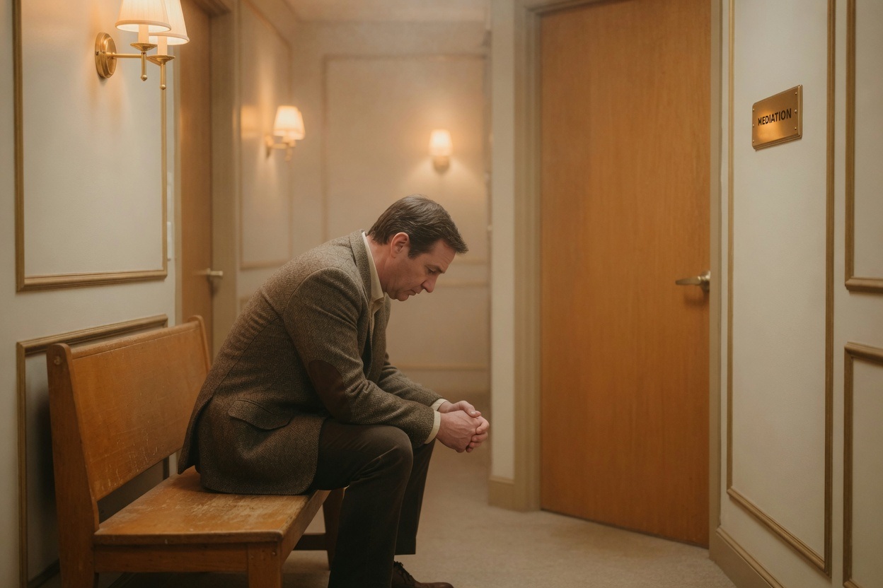A father in a tweed jacket sits hunched on a hallway bench outside the mediation office, waiting to go in