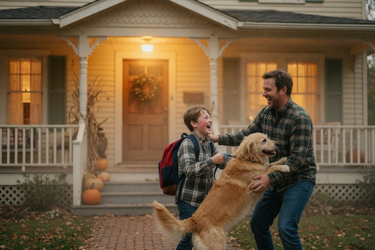 A boy arrives at his dad's house with the family dog, which jumps up to greet his dad