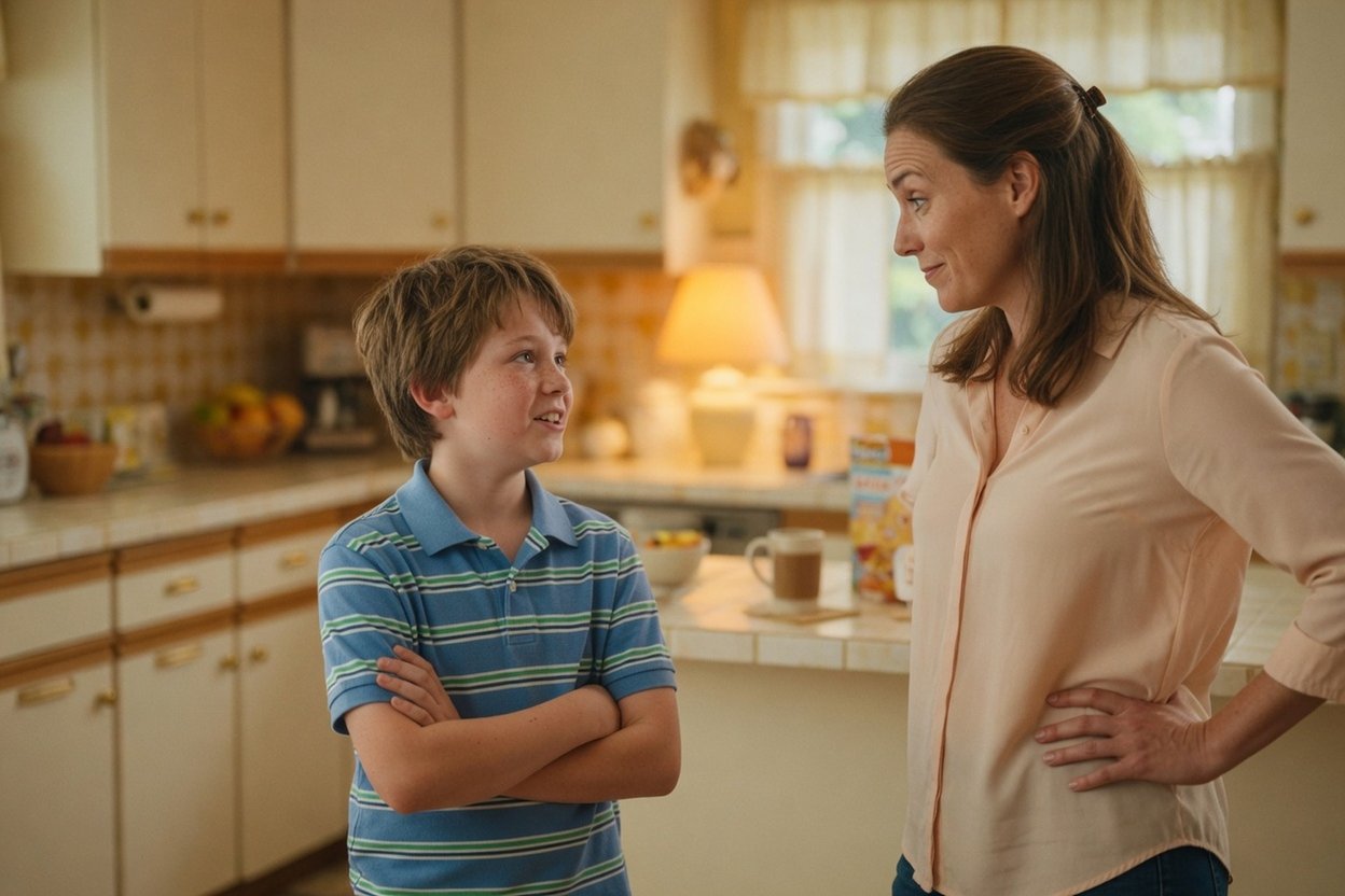 A boy with his arms crossed makes his case to his mom, who stands with her hands on her hips