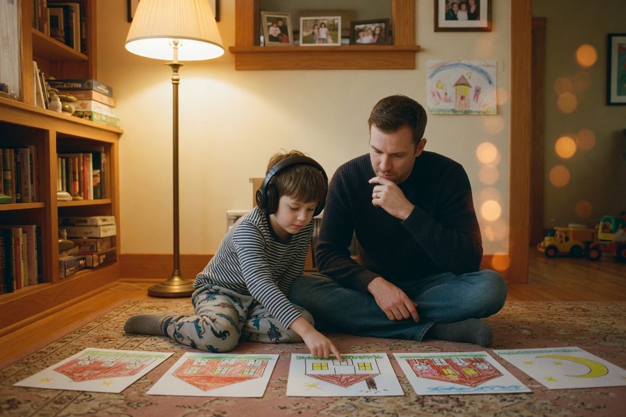 A dad and his son in noise-cancelling headphones go over a picture schedule of the week on the living-room floor