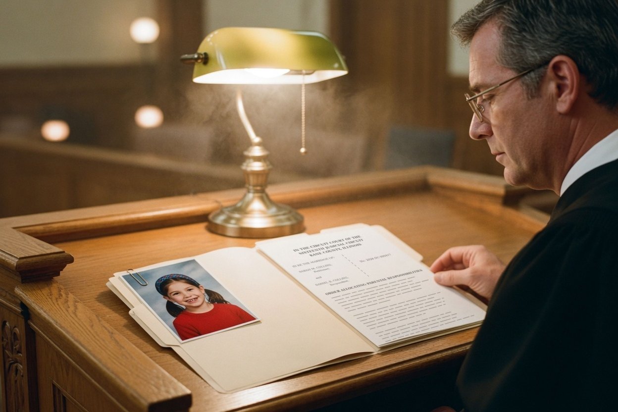 A judge reviews a custody order in a case file with a child's school photo clipped inside