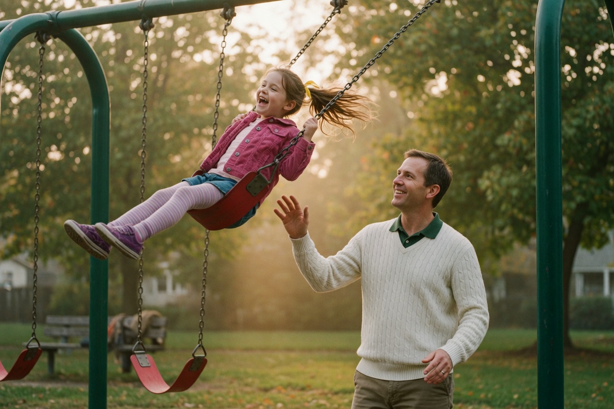A father pushes his laughing daughter high on a park swing during a weekend visit