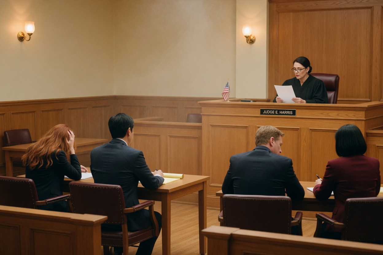 A judge in a black robe reads the ruling as a mother at the counsel table drops her head into her hands