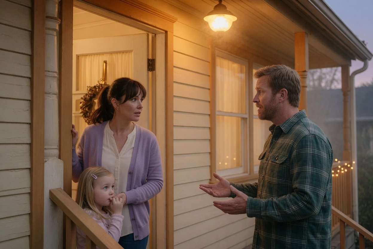 A mother stands in the doorway as the father argues from the porch while their young daughter clings to the railing