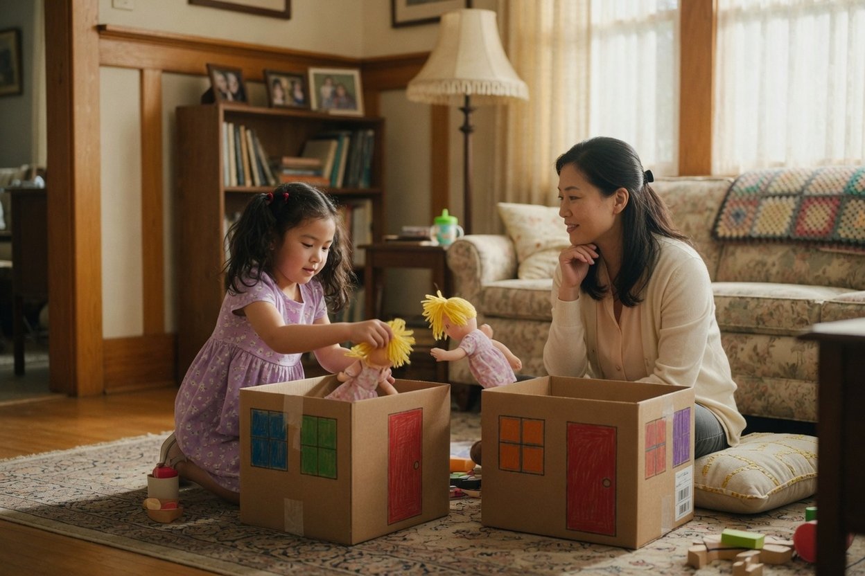 A girl plays with dolls between two cardboard houses while her mom sits nearby, watching