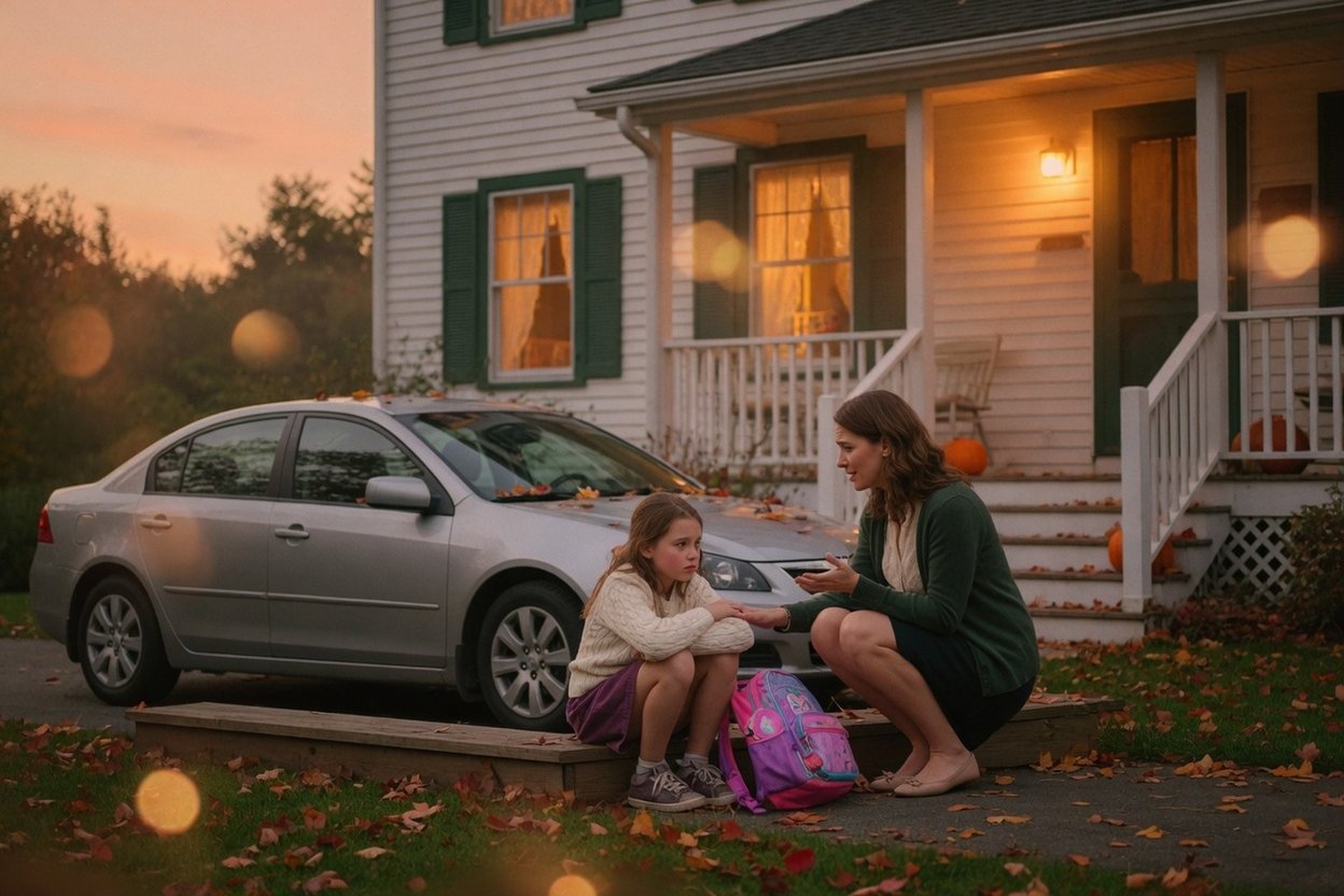 A mom crouches beside her daughter, who sits on the steps with her backpack and doesn't want to leave
