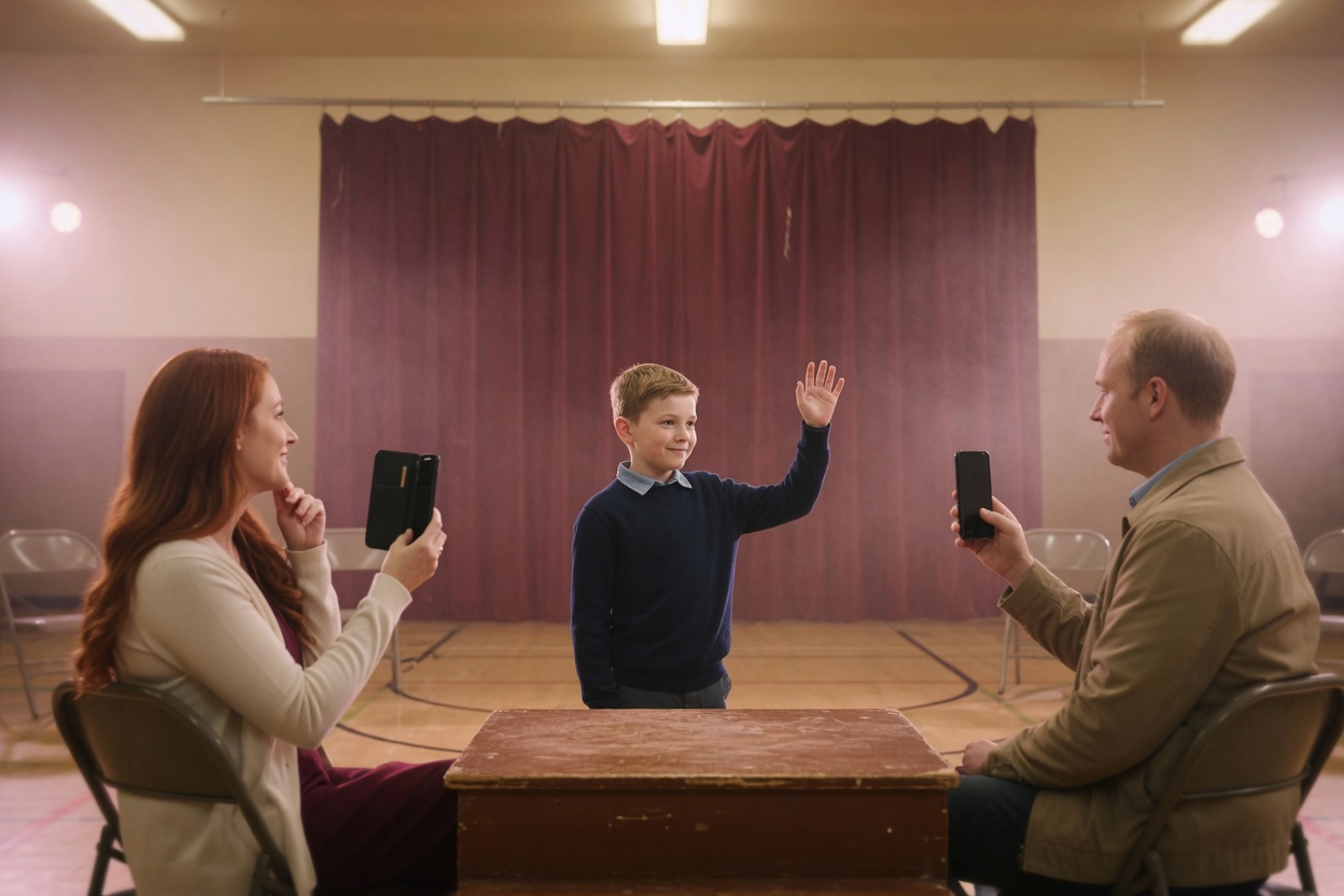 Separated parents record their son's school performance from opposite sides of the room as he waves to both